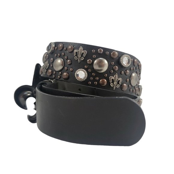 Fleur De Lis Belt Women's S Embellished Rhinestones Studded Glam Rock Chunky - Picture 4 of 7